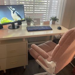 Large White Desk And Pink Computer Chair