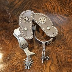 Antique Spurs Original Leather Cast Iron Silver Studded Texas Star / Cowboys / Western / Saddle / Horses / Rodeos / Cowboy Hats / Boots / Vintage/ Cow