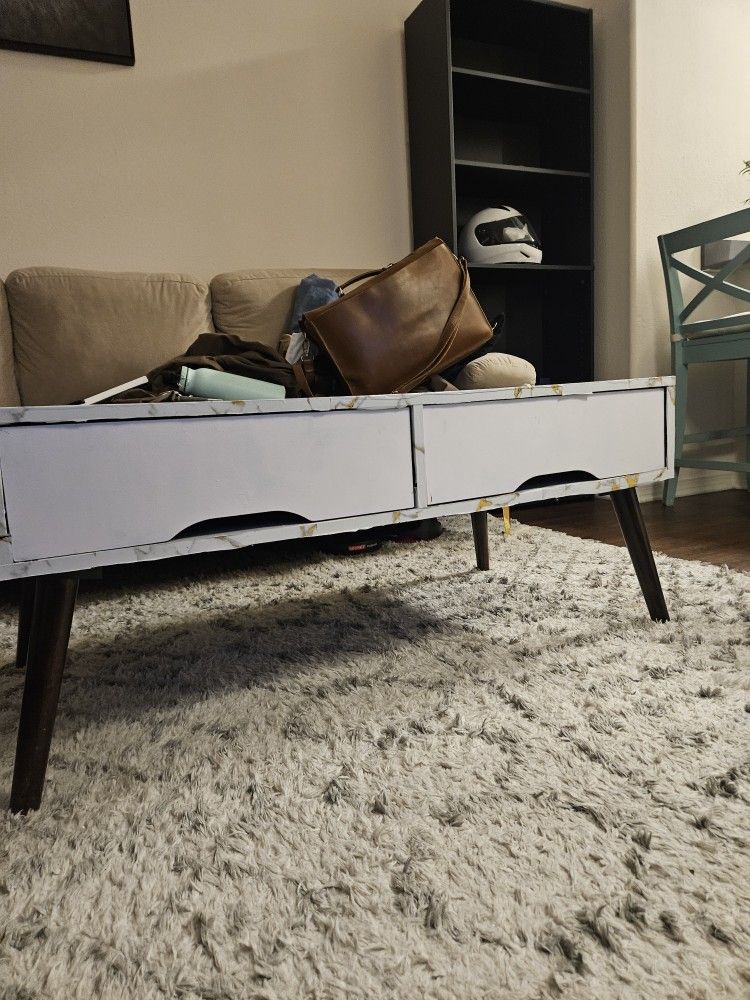 Stylish Mid-Century Modern Coffee Table - Faux Marble Top with Storage Drawers