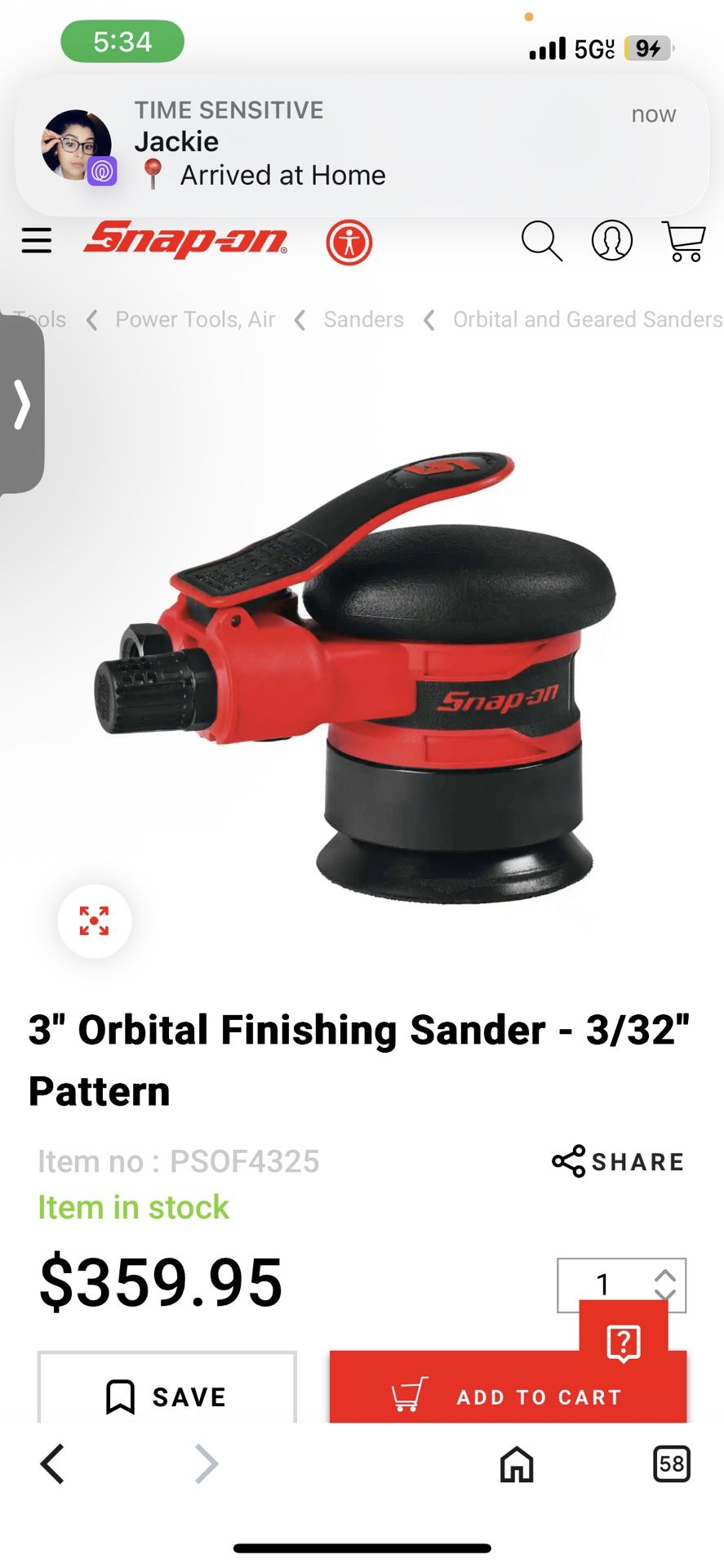 Brand new 3inch Snap-On Orbital Sander 