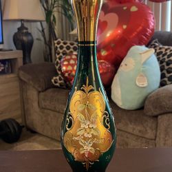 Vintage Hand-Painted Emerald Green & Gold Glass Decanter w/ Stopper Vintage Italian Teal Blue/Green Glass Decanter/24K Gold Hand Painted /Floral