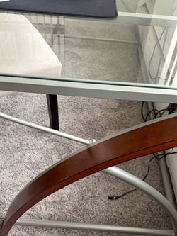 Glass desk with wood legs
