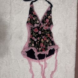 New 1xl black pink floral embroidery lace fairy dress boho halter evening flower