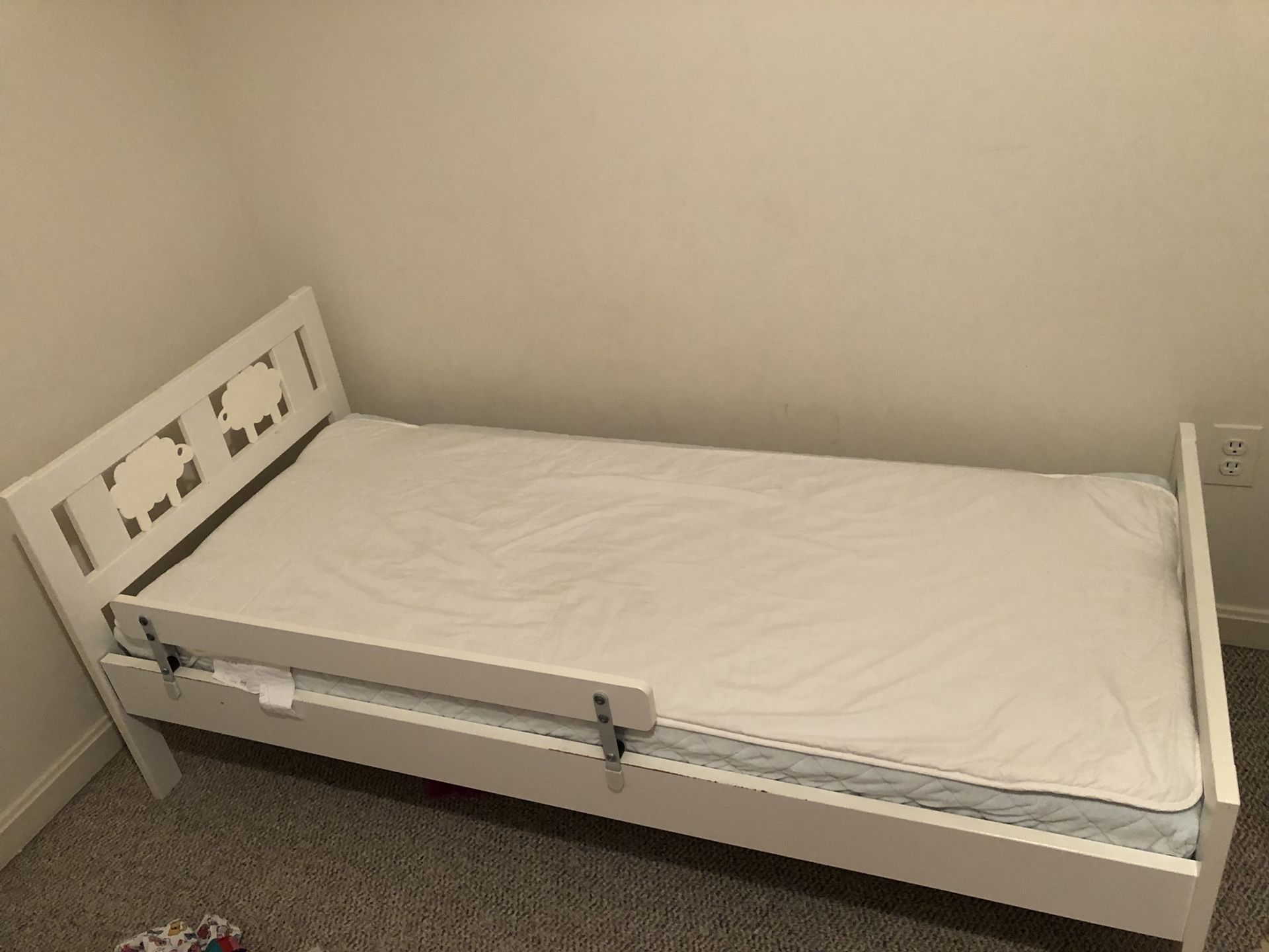 Ikea KRITTER Bed frame with slatted bed base, mattress and protective cover, white, Moving Sale.For kids