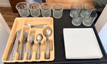 8 set Faberware Silverware with Miscellaneous dish and glasses