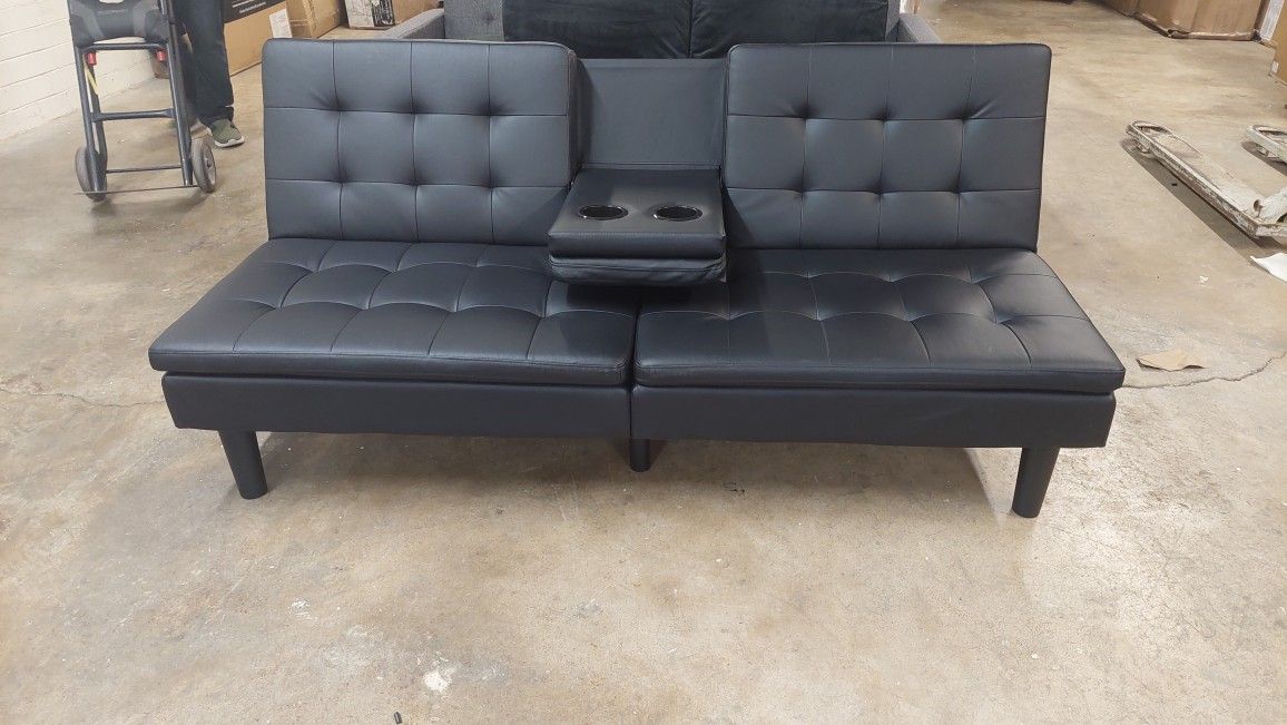 New Modern Futon Sofa  With Cups Holders Faux Leather Black 