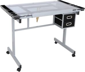 Drawing table with wheels with storage drawers, adjustable glass table, drawing table for crafts, hobby table for painting, drawing, crafts