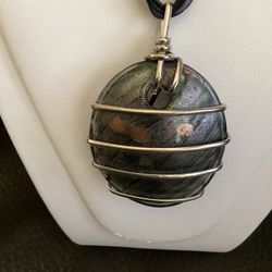Modernistic Wire Wrapped Art Glass Pendant with ~18” Ribbon / Cord Necklace 