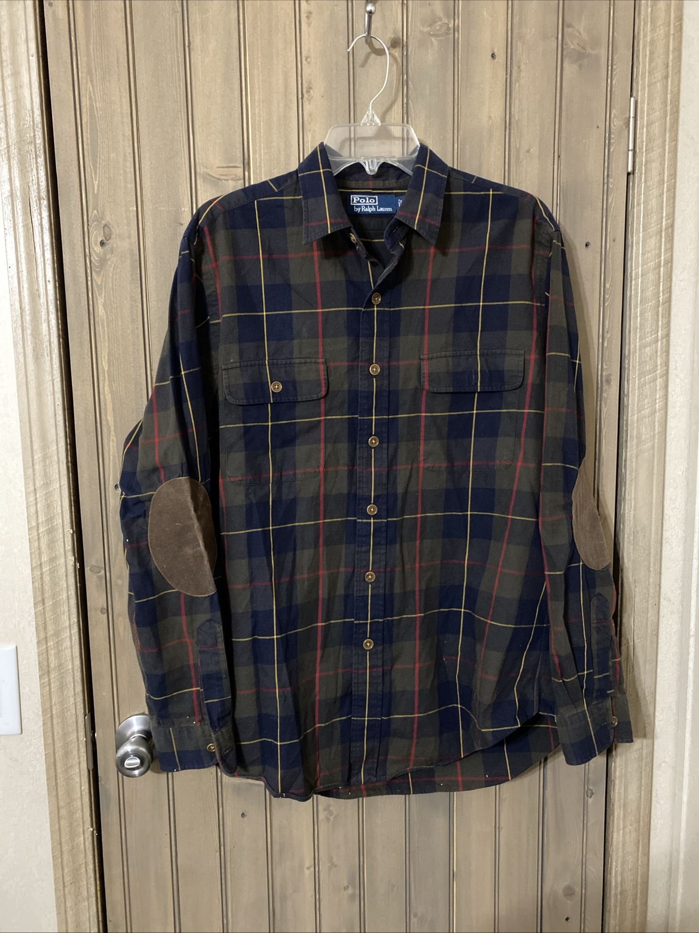 VTG Polo Ralph Lauren Plaid Elbow Pad Pheasant Leather Patch Shirt Men L Check