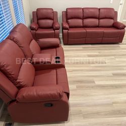 Red faux leather Reclining Couch 3-Pc Set — Sofa • Loveseat • Chair