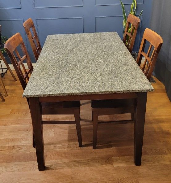 Solid Wood And Granite Dining Table Set With 4 Chairs