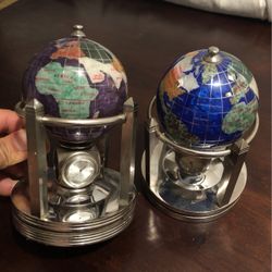 Mother Of Pearl Gemstone Rotating Globe W/ 3 Quartz Clocks & Thermometer