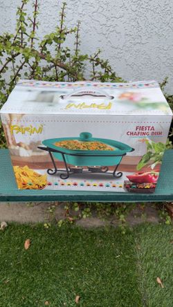 Parini FIESTA CHAFING DISH 10"W x 8"D GREEN + LID + STAND WITH CANDLE HOLDER NEW IN BOX