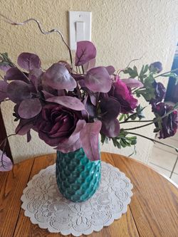 Teal Ceramic Vase with Faux Floral Arrangement