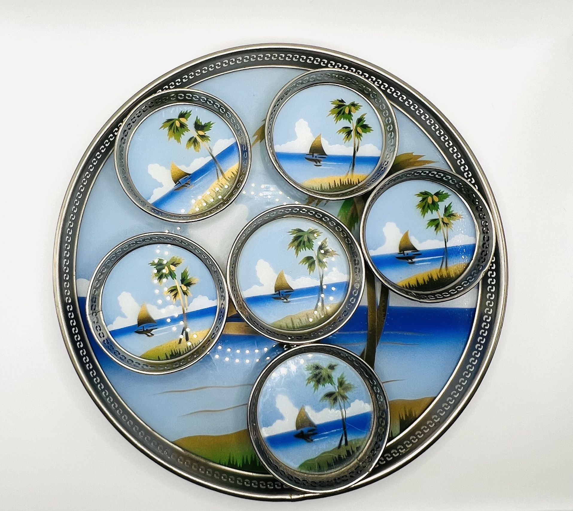 1950's Japanese Tropical Boat Pacific Island Scene Reverse Painted Glass 7 Piece Sushi Service Set 