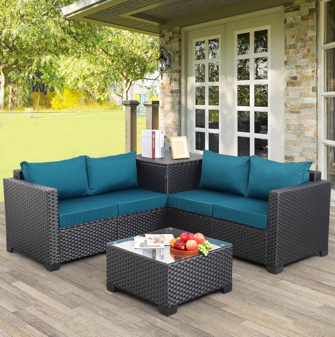 WAROOM Outdoor PE Wicker Patio Furniture Set 4 Piece Black Rattan Sectional Sofa Loveseat Couch Conversation Set with Storage Box Glass Top Table and