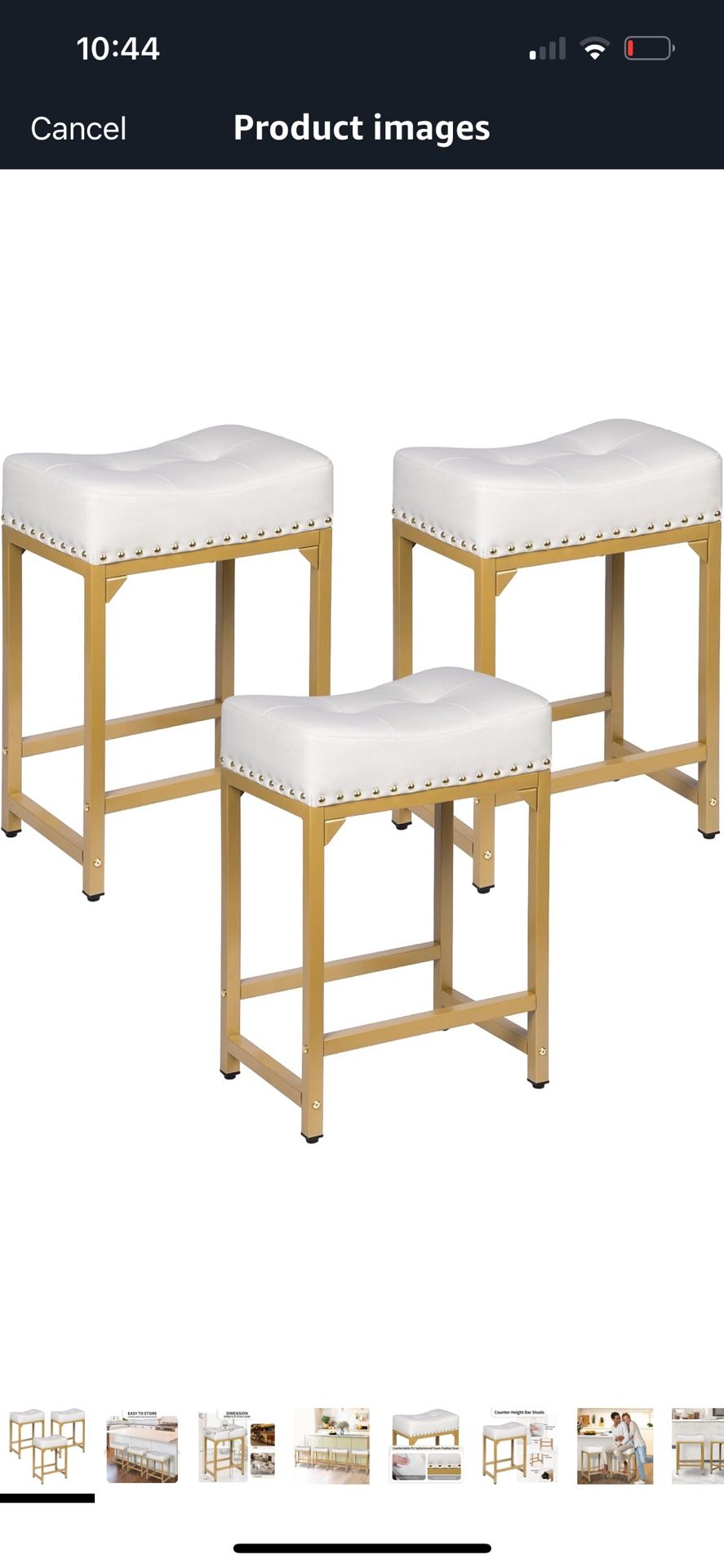 White & Gold Counter Height Bar Stools Set of 3, 24" Bar Stools for Kitchen Island, Modern Counter Stool Set of 3 Backless Saddle Barstools for Kitche