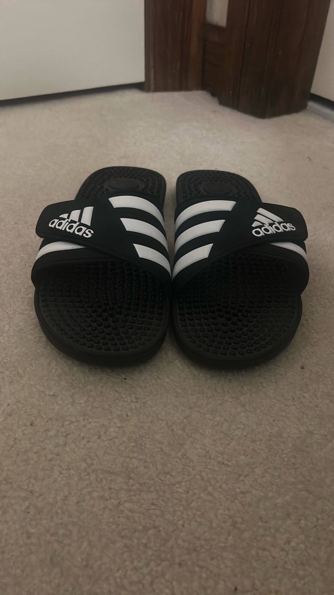 Used Adidas Adissage Slides Size 12 Black White Adjustable Velcro Sandals