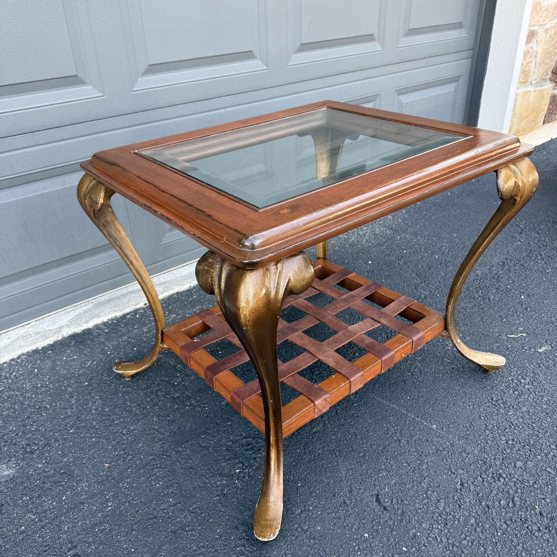 Vintage Wooden Glass End Table with Brass Legs