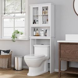 Over the Toilet Storage Cabinet, Bathroom Glass Door White Bathroom Shelf Organizer with Anti-Tip Device Small Freestanding Space Saver with Adjustabl