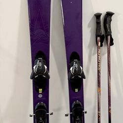 Women’s Complete Ski Set – Salomon QST Myriad Skis with bindings and Poles, Atomic Silver Dynashape Ski Boots, Pret Helmet, Smith Goggles, Gear Backpa