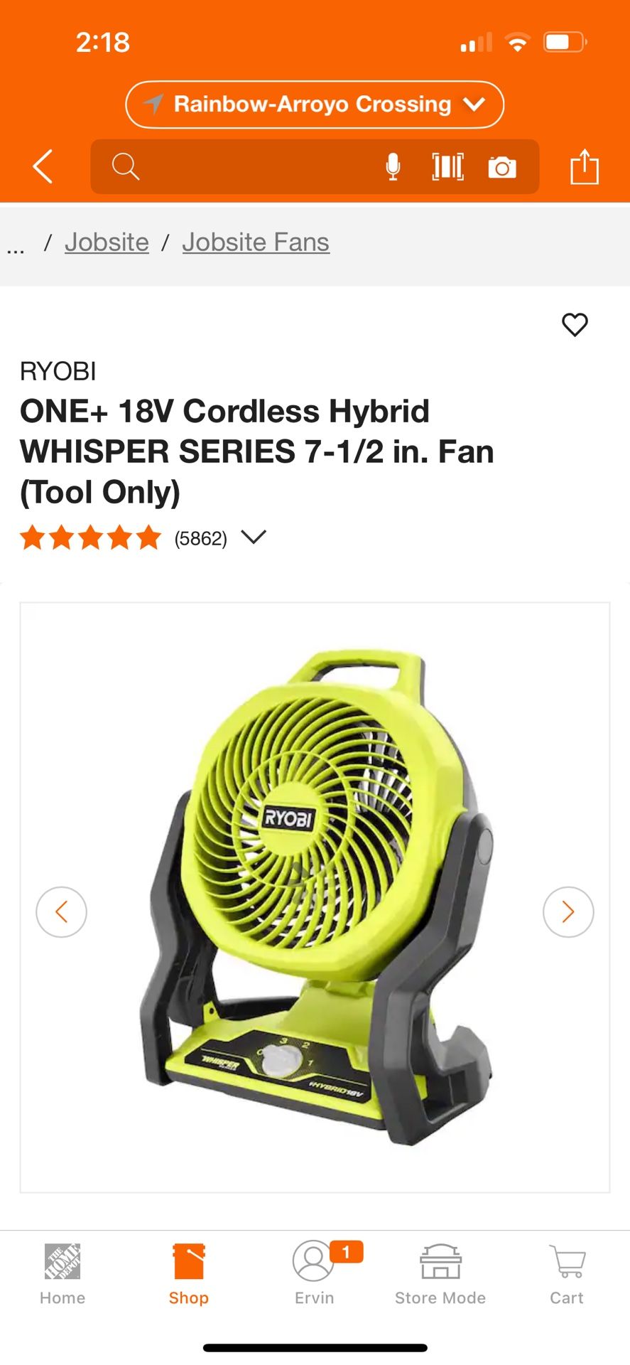 RYOBI ONE+ 18V Cordless Hybrid WHISPER SERIES 1/2 Fan (Tool