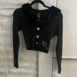 NWT Hello Kitty Sanrio Cardigan With Black Fur Collar And Crystal Buttons S