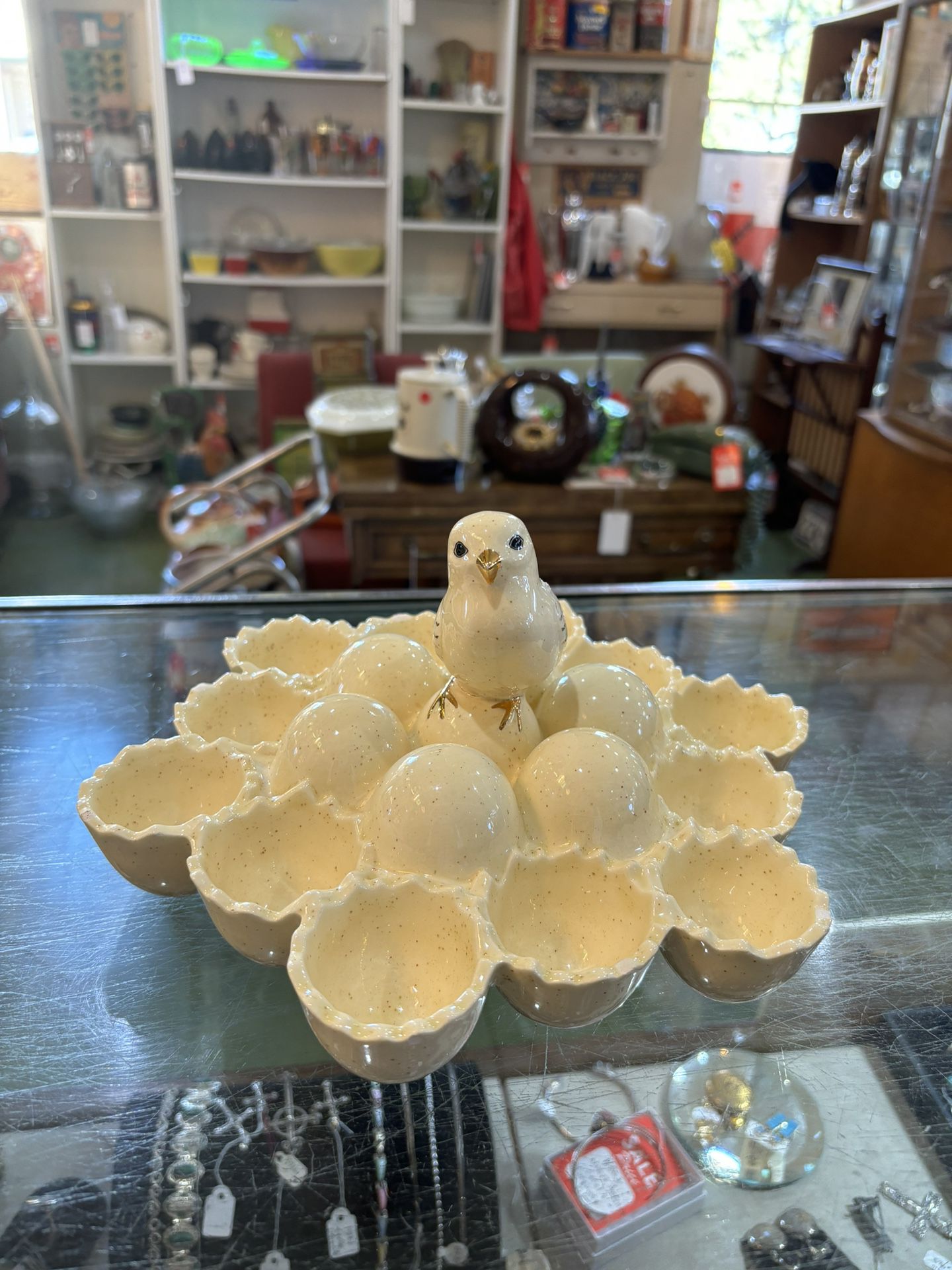 10x6 antique vintage glass egg or deviled egg holder. 25.00.  Johanna at Antiques and More. Located at 316b Main Street Buda. Antiques vintage retro f
