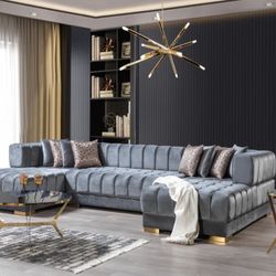 Grey Velvet U Shaped Sectional Gold Legs Brand New Firm Price $2,299