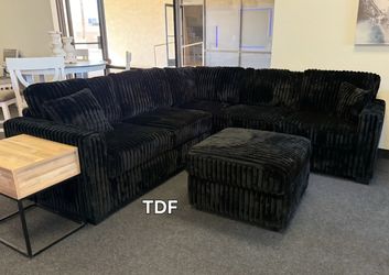 Brand new black corduroy sectional sofa couch with ottoman