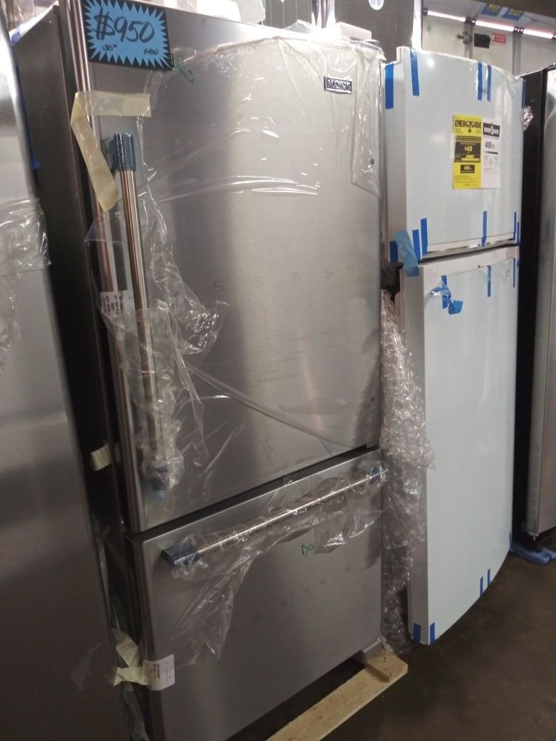 New MAYTAG 30 in bottom freezer frige stainless steel