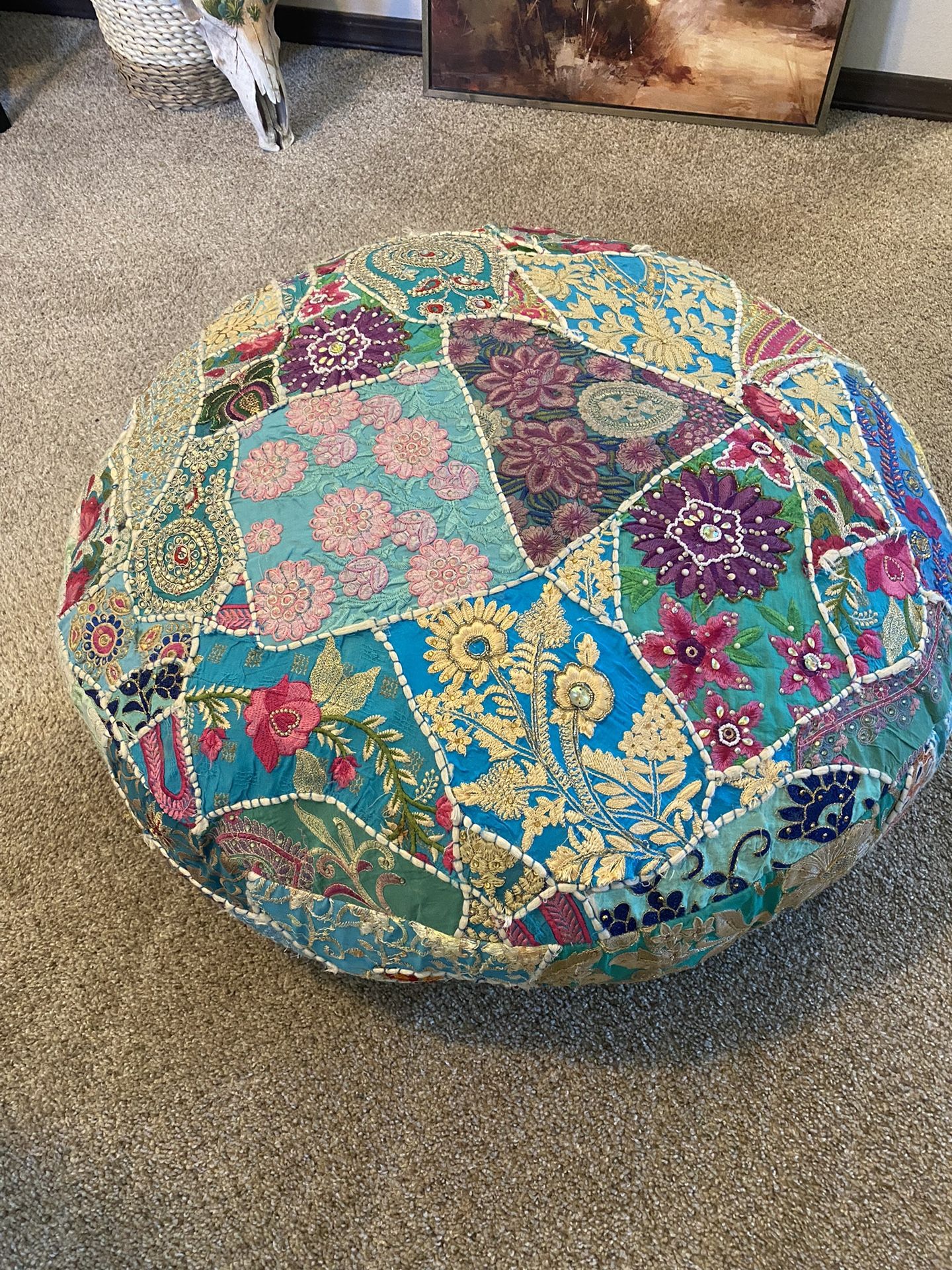 Bohemian Embroidered Floral & Bead Bean Bag Style Seat