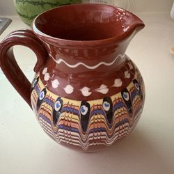 Vintage small jug ceramic 3" hand painted Glazed pottery Traditional Bulgarian dishes Retro style home decor Retro brown milk jug pitcher
