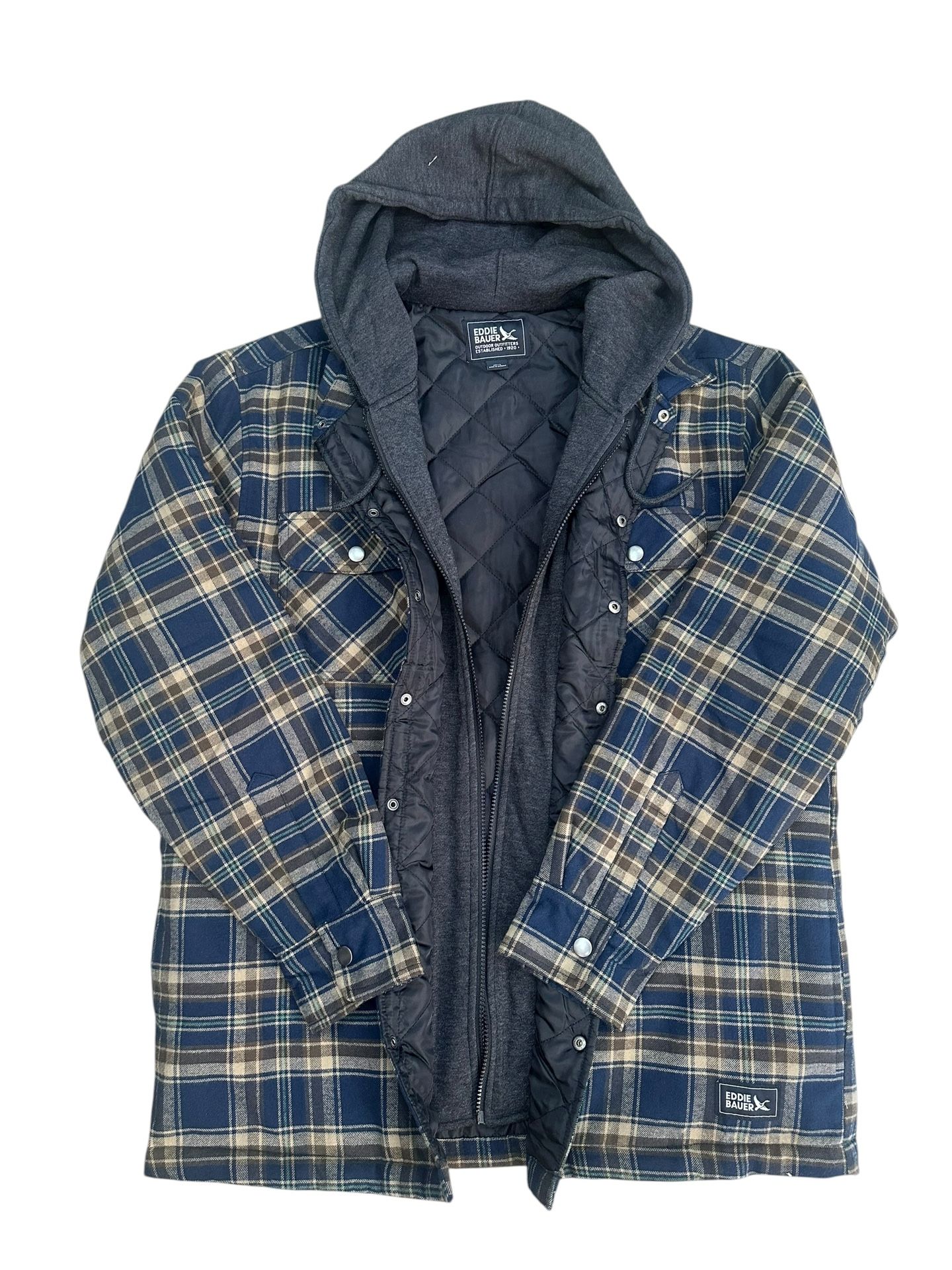 NWOT Eddie Bauer Flannel Hooded Shirt Jacket Men’s large Plaid Snap Quilted