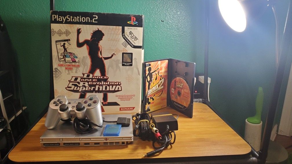 Sony PlayStation 2 (PS2) System +DDR Bundle – SILVER Slim Bundle - DDR Mat + DDR Max 2