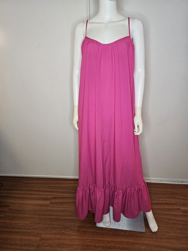 Womens Hot Pink Maxi Sundress With Tie Back Opening And Ruffle Hem