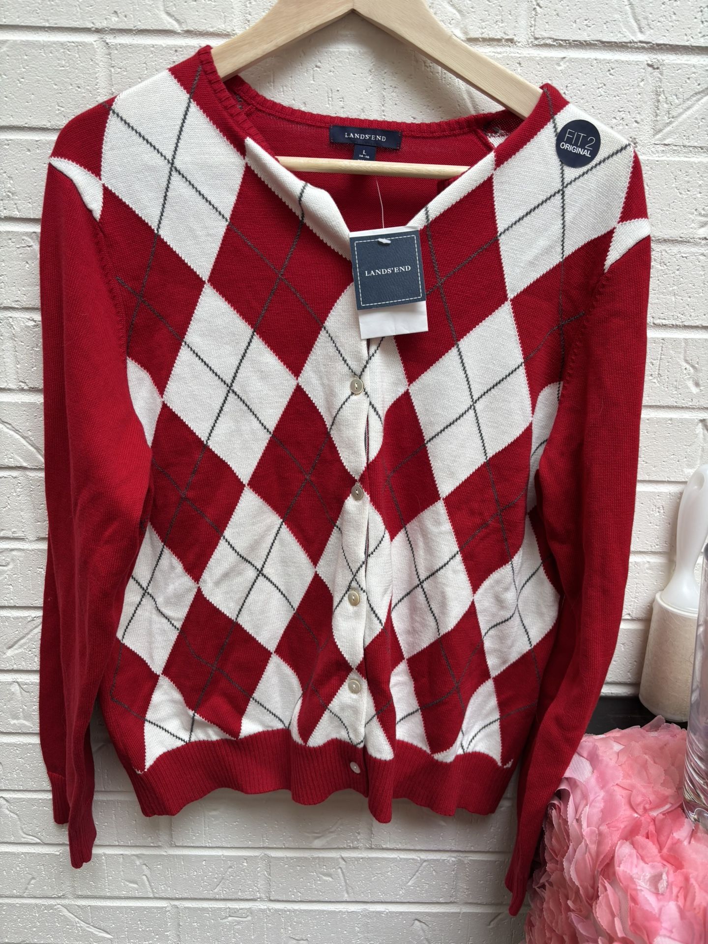 Land’s End NWT Women’s Red And White Argyle Cotton Cardigan A