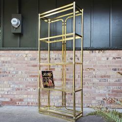 Mid Century Modern Brass Tone Etagere With Glass Shelves Vintage 1970's 