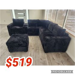 Black Jumbo Corduroy Sectional Sofa With Ottoman 