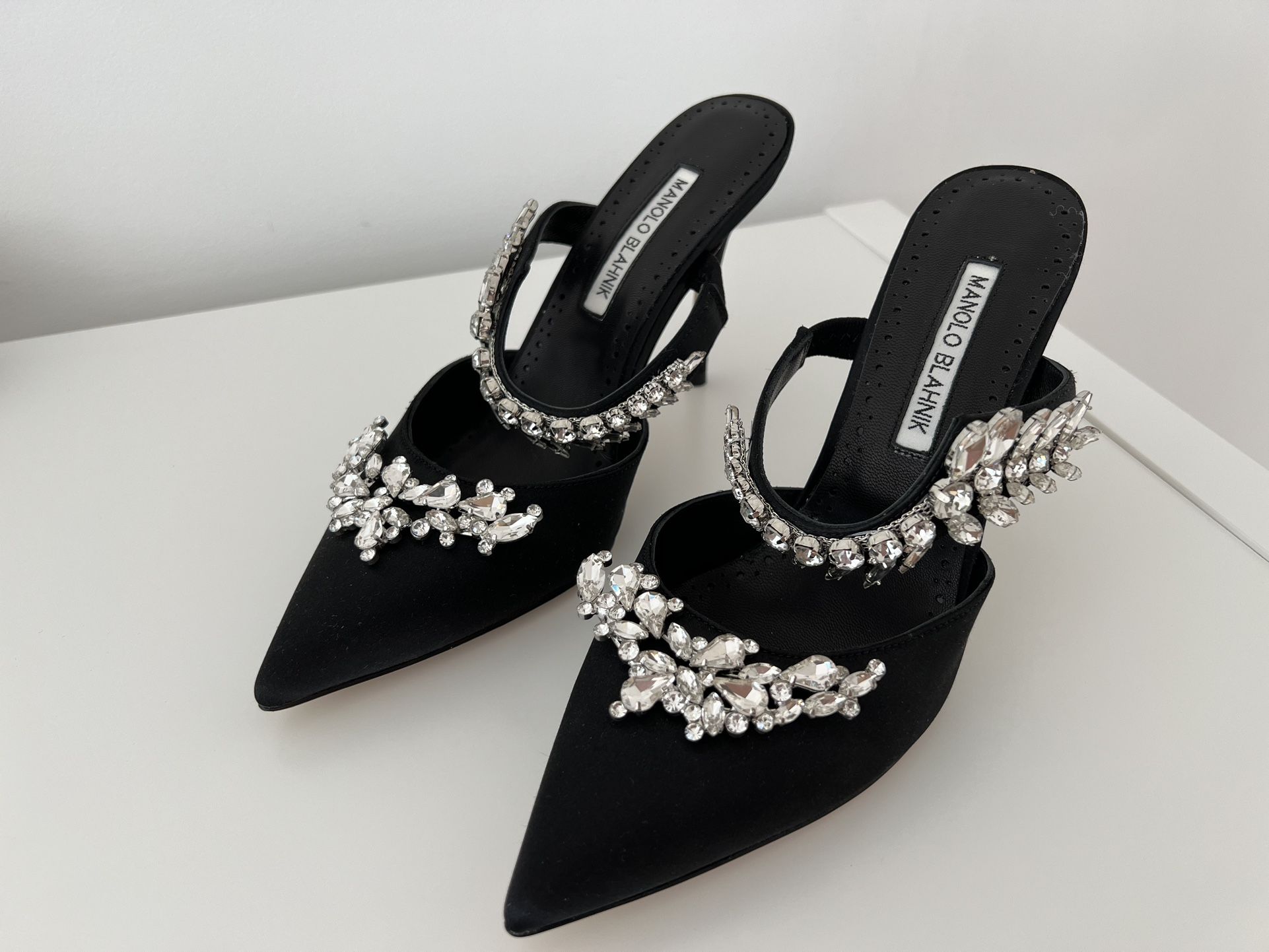 Black Satin Crystal Heel Mules 