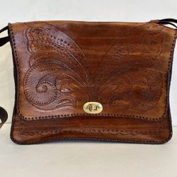 Vintage Leather Bag Clutch Western Hand Tooled Leather Purse Saddle Brown