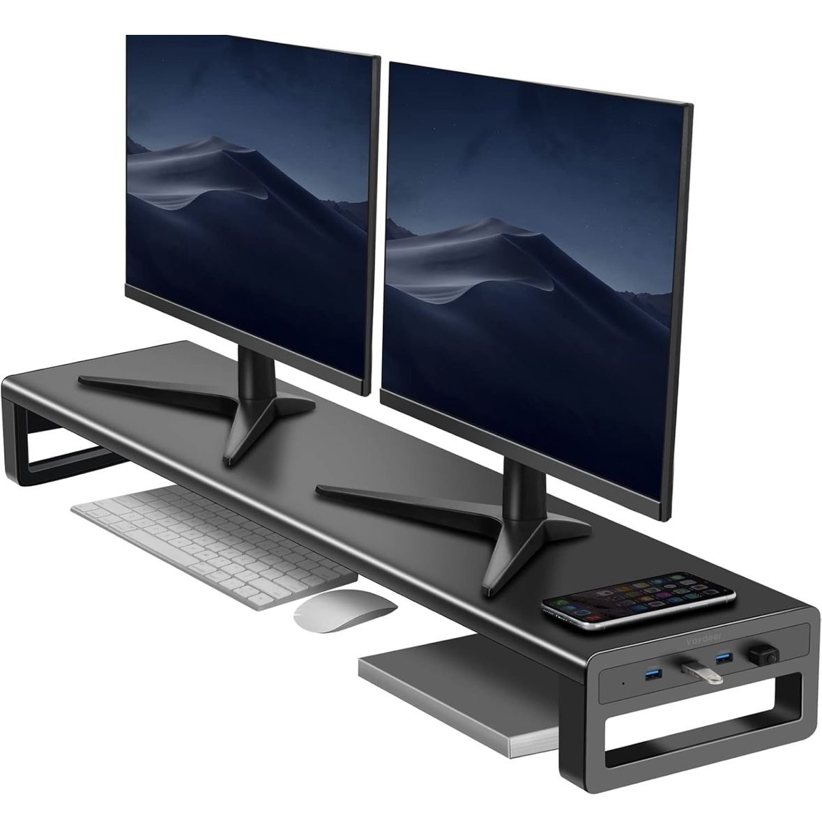 Vaydeer Dual Monitor Stand Computer Riser with USB 3.0 Hub Ports, Double Metal Stand for 2 Computer, TV, PC, Printer, Multi Media Speaker, Multifuncti