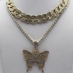 2 Layer Iced Out Cuban Chain/Butterfly Pendant Necklace 