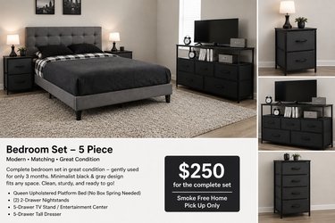 5-Piece Bedroom Furniture Set – Queen Bed, Nightstands, TV Stand & Dresser – $250