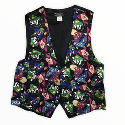Vintage 1993 Looney Tunes Mania Button Vest 100% Silk Mens LARGE