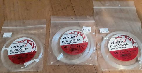 Fishing fluorocarbon bite material by climax, 1 each 20 lb, 30 lb and 40 lb test. $11 for all three packages.