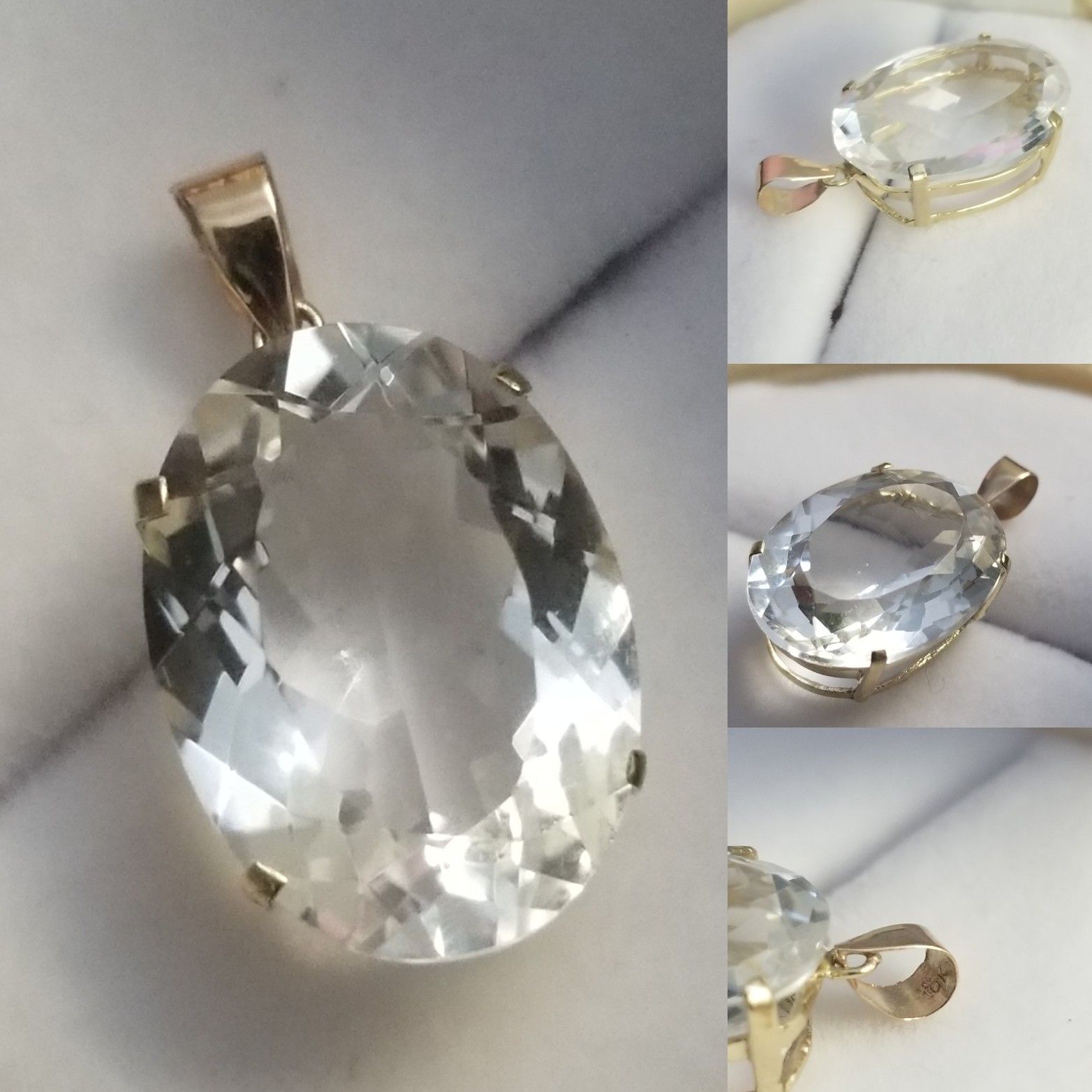 10k Solid Gold 12cts Oval Cut Genuine Natural White Topaz Pendant