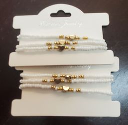 White Beaded Bracelet Set with Gold Hearts