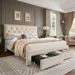 Garvee King Size Bed Frame with 2 Storage Drawers, Vintage Velvet Headboard Bedframe with upholstered Platform, Wooden Slat Support, Noise Free, No Bo