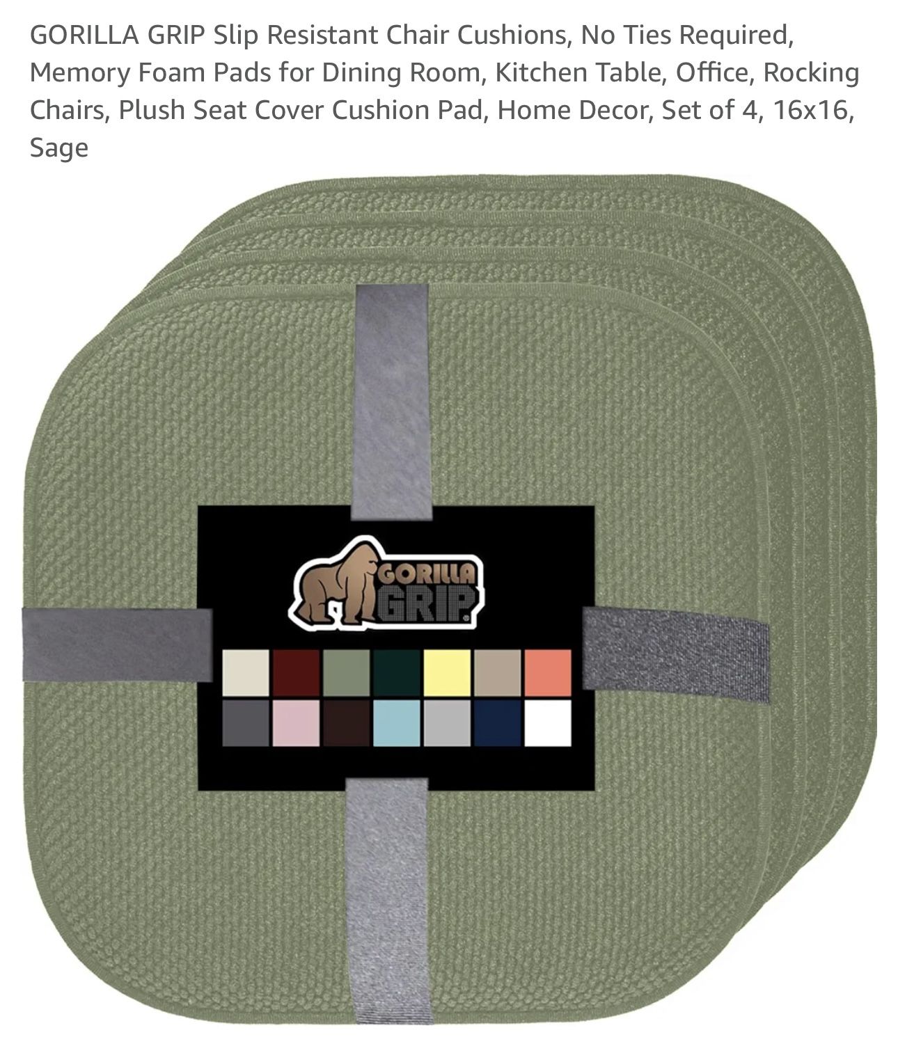 GORILLA GRIP Slip Resistant Chair Cushions, No Ties Required, Memory Foam Pads for Dining Room, Kitchen Table, Office, Rocking Chairs, Plush Seat Cove